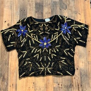 Vintage 90s Cropped Sequin Top 100%‎ Silk Dark Romantic Maximalism Floral Party